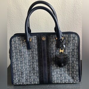 Tory Burch Gemini Link Jacquard Snake Satchel with Genuine Snakeskin Trim